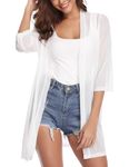 iClosam Women Casual 3/4 Sleeve Sheer Open Front Kimono Dressy Cardigan Sweater Shrugs White