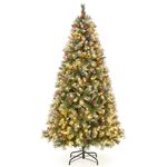 Goplus 6.5ft Pre-Lit Christmas Tree, Artificial Hinged Xmas Tree with 420 Warm-White LED Lights, 8 Lighting Modes, 909 Branch Tips, Red Berries & Pinecones, for Holiday Party Office Home Decor