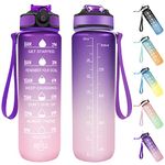 Invool Sports Water Bottle, 1 Litre Water Bottle with Straw & Time Markings, BPA Free, Leakproof & Secure Locking Lid, Tritan Plastic Drink Bottle for School/Cycling/Camping/Running(Purple Pink)