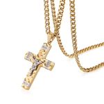 HZMAN Jesus Cross Necklace for Men Boy Stainless Steel Small Crucifix Cross Necklace Pendant Christian Jewelry Gift with 24Inch Cuban Chain, Stainless Steel, No Gemstone, Gold, P24-0415-07B