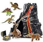 Prextex Lava-Painted Volcano House with Hidden Door and 5 Dinosaurs with Treasure Box Dinosaur Toys for Kids