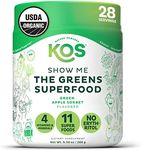 KOS Organic Super Greens Powder Erythritol Free - Plant Based Superfood Blend with Spirulina, Chlorella & Wheatgrass - USDA Certified Organic, Green Juice Smoothie - Apple Flavor - 28 Servings