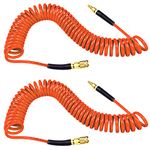 YOTOO 2 Pieces Air Hose Polyurethane Recoil 1/4 in. x 25 ft, 150 PSI Heavy Duty Air Comprssor Hose, Lightweight, Flexible with Bend Restrictor, 1/4" Industrial Quick Coupler and Plug, Orange.