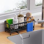 Kitchen Sink Caddy Organizer, Sponge Holder for Kitchen Sink with Auto Draining Tray, Dish Cloth Hanger, Rustproof 304 Stainless Steel Dish Organizer Divider, Soap Dispenser Storage (Black)