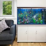 MonsterShop Large Fish Tank White 4ft 300L 65 Gal Aquarium Marine Tropical Saltwater Freshwater. White Cabinet Storage Stand. Blue Gravel. Filter, Air Pump, Heater, LED Light Tank Accessories…