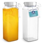 HEFTMAN Glass Water Jug for Fridge - 2 Pack (1 Litre) Water Jugs with Lids with Ribbed Design, Spill-Free Spout, Vented Lid for Hot/Cold Water Ice Tea Coffee Milk & Juice Jug Transparent Pitcher Jug