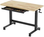 FLEXIMOUNTS 47.2" x 23.6" Adjustable Height Workbench with Hand Crank, Drawers & 360° Wheels – Rubber Wood Top Heavy-Duty Workstation & Steel Frame for Garage, Studio, Kitchen or Workshop