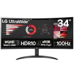 LG 34 Inches 21:9 Curved Ultra Wide Monitor, WQHD (3440 x 1440 Pixels), sRGB 99%(Typ), HDR 10, Dual Controller, PBP, Flicker Safe, Smart Energy Saving, HDMI, DP, Head Phone Out,Tilt, Black, 34WR50QK