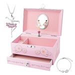 Round Rich Music Jewelry Box and Ballerina Dance Necklaces with Melody is Swan Lake Pink