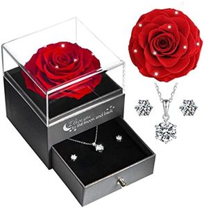 Yamonic Rosa Eterna Regalo Mujer,Rosa Real con Collar y Pendientes de Plata de Ley 925 Mujer Regalos Originales para Mujer,Regalo Cumpleaños Mujer,Regalo Día de la Madre,Regalo Mama,Regalo Madre