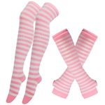 Thigh High Socks Knit Stripe Long Socks Over Knee Cotton Leg Warmer for Women Girls Arm Warmer Gloves Boot Socks (Pink, One Size)