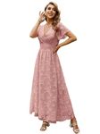 Simplee Women's Boho Floral Maxi Dress Flowy Casual V Neck Short Sleeve Wedding Guest Holiday Beach Long Dress, 1_grey Pink, Medium