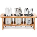 Lyellfe Silverware Holder for Countertop, Stainless Steel Cutlery Utensil Organizer with Bamboo Stand, Rustic Flatware Holder for Spoon, Fork, and Knife