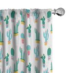 Ambesonne Cactus Window Curtains Pack of 2, Continuous Pattern with Cartoon Prickle Plants in Pots, Lightweight Set with Rod Pocket, 4 Panels of - 28" x 63", Teal Green