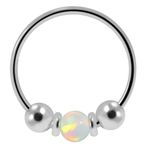 AZARIO LONDON Aurora Borealis Opal Stone Center and Silver Bead Ring 22 Gauge (0.6MM) - 8mm Diameter 925 Sterling Silver Open Hoop Nose Ring Jewellery