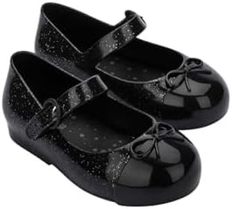 mini melissa Sweet Love Cap Toe Ballet Flats for Toddlers & Girls - Kids Jelly Shoe with Cute Bow and Toe Accent, Kids Shoes, Black Glitter Silver, 11