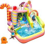 NBSPORT Inflatable Bounce House Water Slide, 6 in 1 Sweet Candy Water Park, Wet Dry Combo Bouncy Castle with 450W Blower, Splash Pool, Water Slide for Kids and Adults Backyard Party Gifts