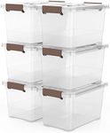 WYT 6-Pack Clear 7 Quart Storage Latch Box/Bins, Plastic Stackable Latching Box with Brown Handle and Lid, Multi-Purpose, 7 Litre