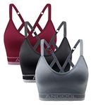 ANGOOL Sports Bras Women Padded Seamless Yoga Bra Wireless Adjustable Straps Longline Running Gym Training Bra, Black+Grey+Red, S