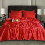 CHARKHAH Satin Silk 6 Piece Complete Bedding Set Durable Silky Fabric with Single Double King Size Bed Fitted Sheet Duvet Cover Comforter and 4 Pillow Cases (King, Red)