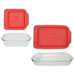 Pyrex Bundle: (1) 222 Clear Glass Baking Dish, (1) 233 Clear Glass Baking Dish, (1) 222-PC Red Plastic Lid, (1) 233-PC Red Plastic Lid