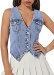 GORGLITTER Women's Denim Vest Flap Pocket Sleeveless Crop Tank Top Button Front Y2K Vest Denim Top Fall Western Outfits 2024 Medium Wash Blue L