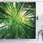 Ambesonne Asian Jungle Shower Curtain, Chill Aura Photography of Japanese Woodland with Leaves Print Boho Theme, Cloth Fabric Bathroom Decor Set with Hooks, 69" W x 75" L, Hunter Green