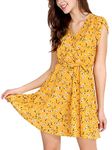 Allegra K Women's Boho V Neck Petal Sleeves Belted Floral Flowy Dress Yellow S-8