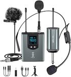 UHF Wireless Microphone System Headset Mic/Stand Mic/Lavalier Lapel Mic with Rechargeable Bodypack Transmitter & Receiver 1/4" Output for iPhone, PA speaker, DSLR Camera, Recording, Teaching