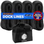 Five Oceans 4-Pack 1/2" x 15' Boat Dock Lines with 12" Eyelet, Marine-Grade Black Premium Double Braided Nylon Boat Rope 1/2 inch, Boat Ropes for Docking with Loop or Fender Lines - FO4697