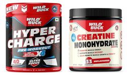 WILD BUCK Hyper Charge Pre-X4 Hardcore Pre-Workout Supplement powder with Creatine Monohydrate, Arginine AAKG, Explosive Muscle Pump, Caffeinated Punch -For Men & Women [40 Serv, Cranberry Blast] + WILD BUCK Creatine Monohydrate Powder,Strength,Reduce Fatigue,100% Pure Creatine,Lean Muscle Building,Supports Muscle Growth,Athletic Performance,Recovery [33 Servings,Unflavoured]