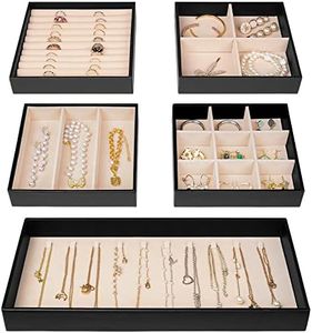 ProCase 5 Set Jewelry Organizer Tray for Drawer, Stackable Jewelry Display Storage Container Organizer Case with Removable Dividers for Necklace Earring Bracelet Ring Small Accessories -Black
