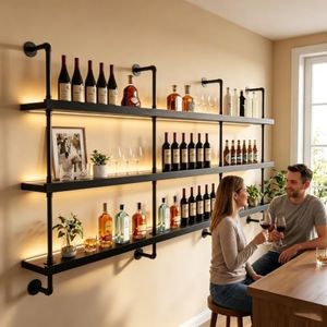 HOUSESET 36/48/60/72/84in Wine Wall Rack with Led Lights, 3-Tiers Modern Pipe Liquor Bottle Display Shelf, Bar Shelves Wall Mounted for Commercial Bar, Restaurant, Home
