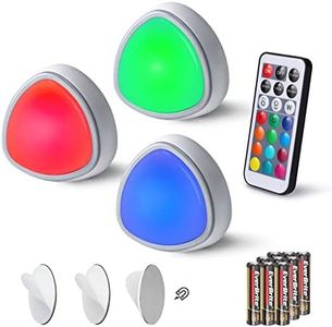 EverBrite Tap Light, LED Puck Lights, Wireless Push Lights, Remote Controlled Closet Lights with 12 RGB Colors, Perfect for Under Cabinet, Closets, Pantry, with 9 AAA Batteries, 3-Pack