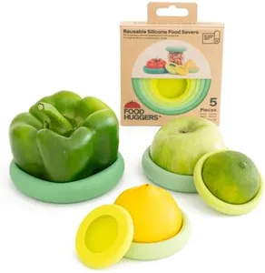 Food Huggers 5pc Reusable Silicone Food Savers | BPA Free & Dishwasher Safe | Fruit & Vegetable Produce Storage for Onion, Tomato, Lemon, Banana, Cans & More | Round, Sage Green