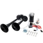 150DB Dual Air Horn with Compressor, Dual Trumpet Air Train Horn Chrome Zinc Super Loud for 12V Vehicles Truck Lorry Boat VAN Train (BLACK)