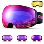 Odoland Unisex Ski Goggles for Men & Women - Photochromic Frameless Snowboard Goggles with Magnetic Interchangeable Lens, UV 400, Anti-fog, Helmet Compatible for Skiing PBA