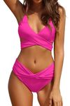 SHEKINI Women's Bikini Sets Criss Cross String Swimsuit Push up V Neck Bathing Suits with Mid Waisted Front Twist Bottom 2 Pieces Swimwear Pink