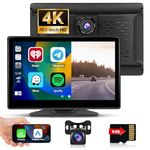 Hikity 10.1" Portable Car Stereo with 4K Dash Cam and AHD Backup Camera, Support Wireless CarPlay and Android Auto, IPS Touch Screen Car Radio, BT, FM Transmitter, AUX Cable+64GB SD Card