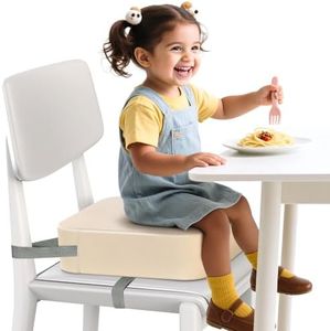 Toddler Booster Seat for Dining Table and Kitchen Chair – Adjustable Safety Straps, PU Leather, Non-Slip, Easy to Clean, Portable Travel Foam Booster Cushion for Kids & Toddlers (Light Yellow)