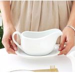 Miecux Gravy Boat wiht Tray, Ceramic Serving Saucer&Dish Dispenser for Sauces, Dressings and Creamer, Large Handle, Microwave and Dishwasher Safe, 15 oz (White)