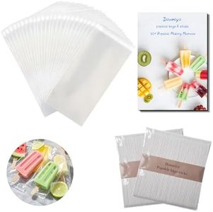 Doumiyo 100 Popsicle Bags & 100 Popsicle Sticks & with Guide to Making DIY Popsicles in Over 30 Flavors, Ice Pop Supplies for Homemade Frozen Treats, Summer Crafts (6.0x 3.2" Bags&4.5" Sticks)
