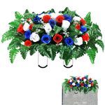Solsew Artificial Cemetery Flowers Headstone Flower Saddle for Grave Realistic Cemetery Flowers Memorial Day Memorial Tombstone Outdoor, Patriotic Colors, Red White and Blue Roses