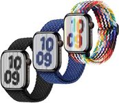 Braided Stretchy Strap Compatible with Kids Apple Watch Band Series 9 8 7 6 5 4 3 SE SE2 38mm 40mm 41mm, iWatch Sport Elastic Replacement Bands for Boy Girl Small Wrist - Black+NavyBlue+Rainbow.