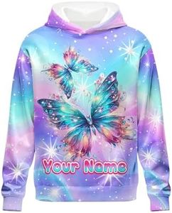 CUSPCOD Girls Hoodies Custom Kids Sweatshirts with Pocket - Butterfly Graphic Hooded Pullover Gifts for Daughter Granddaughter Teens Youth Multicolor