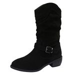 Cowboy Boots Women Low Heel Wide Fit Ladies Suede Below Mid Calf Western Booties Girls Dancing Biker Boot UK Size (004 Black, Adult, Women, 7, Numeric, UK Footwear Size System, Medium)