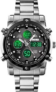 SKMEI Montre bracelet pour homme étanche analogique numérique avec chronographe LED multi-temps, montre d'affaires en acier inoxydable, 1389-argent noir, 2.28*1.89*0.63 inches, Sports