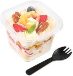 Qeirudu 50 Pack 12 oz Plastic Parfait Cups with Lids and Sporks, Disposable Square Dessert Cups with Lids Cake Containers for Fruits Oatmeal Yogurt Mousse Ice Creams Strawberry Shortcake