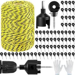 Sweetude 660 Feet Electric Fence Polywire and 100 Pcs Electric Fence Insulator with 1 Pcs Insulator Socket Tool Resistant Glove Electric Fence 6 Stainless Steel Strands for Fence Landowner Farmer