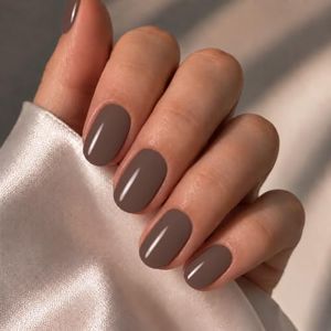 modelones Latte Brown Short Press on Nails, Fall Oval Fake Nails Kit